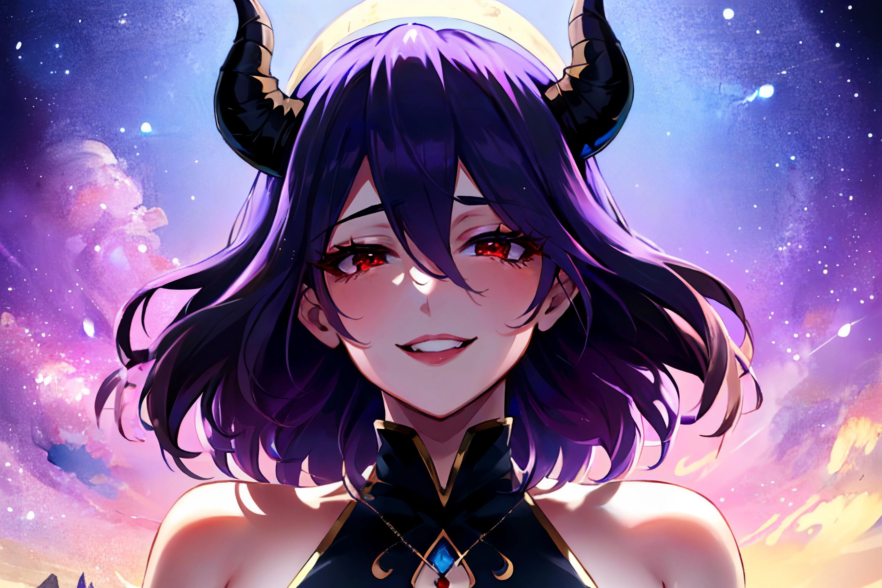 (masterpiece, best quality:1.5), (absurdres, highres, ultra-detailed), high contrast
(perfect anatomy), 1girl, (beautiful face:1.4), (mature woman:1.7), long hair, black hair, highly detailled eyes,
squatting, face focus, happy smile, laughing, (portrait:1.4), beauty mark
detailled background, castle at night, moon, moonlight, night sky, stone floor, drops, blossom, blue butterfly
<lora:EyesGen:0.5> eyesgen, (red eye:1.3)
<lora:Vermeil:0.8> vermeil, hair between eyes, horns, demon girl, demon horns, medium hair, tail, demon tail, , dress, sleeveless, bare shoulders, purple hair