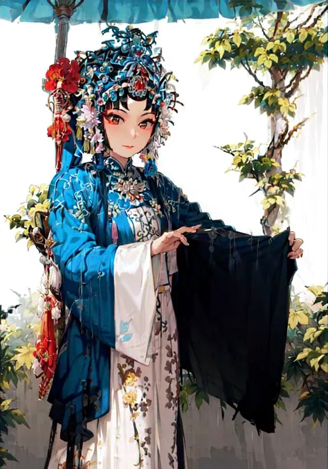 (upper body: 1.5),(white background:1.4), ((tachi-e)), original,(illustration:1.1),(best quality),(masterpiece:1.1),(extremely detailed CG unity 8k wallpaper:1.1), (colorful:0.9),(panorama shot:1.4),(full body:1.05),(solo:1.2), (ink splashing),(color splashing),((watercolor)), clear sharp focus,1girl standing,((chinese style )),(flowers,woods),outdoors,rocks, looking at viewer, make happy expressions,soft smile,pure,beautyfull detailed face and eyes,beautyfull intricacy clothing decorative pattern details, black hair,black eyes, <lora:ChineseOperaCostumes_v10:0.9>