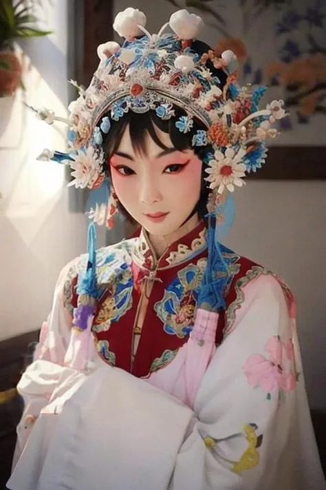 (8k,best quality,masterpiece:1.2),(realistic, photo-realistic:1.3),extremely detailed,ultra detailed,ultra highres,RAW photo,film grain,(Fujifilm XT3),wallpaper,CG unity,official art,extremely delicate and beautiful,(intricate details:1.3), hyper detail, finely detailed,huge filesize,perfect hand,cute,((illustration)),female focus, 1girl,chinese clothes, opera costumes, dramatic angle, <lora:ChineseOperaCostumes_v10:0.75>, <lora:Xiaorenshu_v20:0.3>