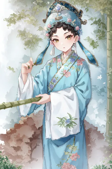 13 year old xiaosheng,green chinese hanfu, beauty, (trees:0.5), (flowers:0.6) ,(birds:0.2), (bamboo0.1), lakes, Hangzhou,look looking at viewer,