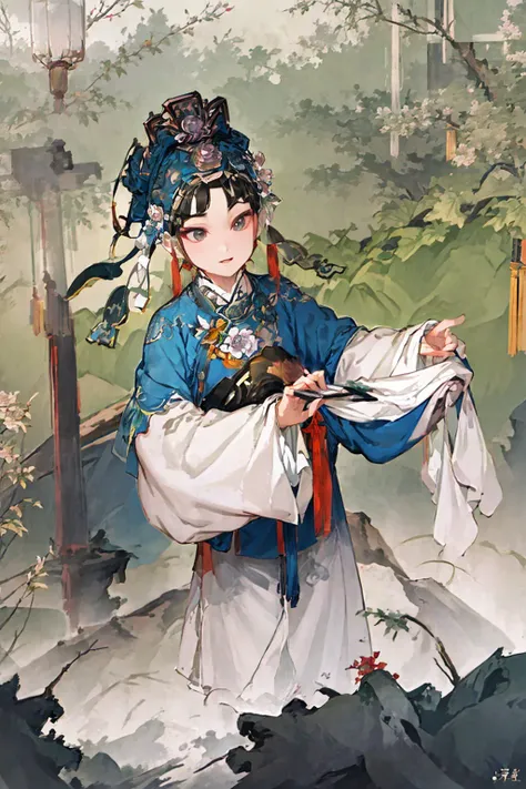 (upper body: 1.5), original,(illustration:1.1),(best quality),(masterpiece:1.1),(extremely detailed CG unity 8k wallpaper:1.1),(solo:1.2), clear sharp focus,xiaosheng standing,(flowers,woods),outdoors,rocks, looking at viewer, make happy expressions,soft smile,pure,beautyfull detailed face and eyes