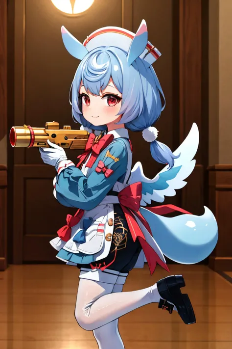 sigewinne, white apron, full body, low twintails, looking at viewer, 1girl, shoes, white headwear, twintails, bow, white gloves, smile, puffy long sleeves, black footwear, white pantyhose, red bow, closed mouth, holding water gun, water gun, red bow on apron, blue bow on apron, nurse cap, white thighhighs, tail, red bowtie, green shirt, black shorts, white collar, collared shirt, winged waist bow, white waist bow, from side, indoors, standing on one leg <lora:sigewinne_genshin_impact_locon:0.7> <lora:fingers4civitai:1:1:lbw=OUTALL>