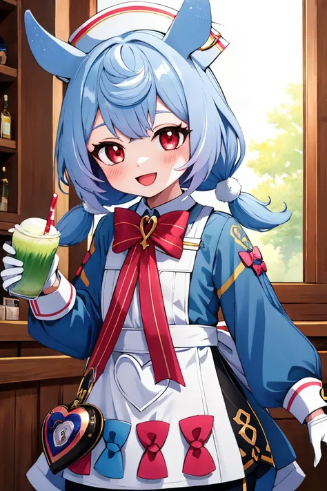 sigewinne, twintails, low twintails, looking at viewer, 1girl, short hair, blush, white headwear, open mouth, dress, white gloves, smile, long sleeves, :d, nurse cap, white apron, red bowtie, green shirt, black shorts, holding cup, heart-shaped bag, white collar, collared shirt, red bow on apron, blue bow on apron <lora:sigewinne_genshin_impact_locon:0.7> <lora:fingers4civitai:1:1:lbw=OUTALL>