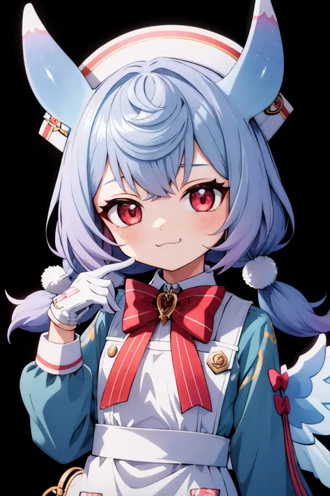 sigewinne, low twintails, upper body, looking at viewer, 1girl, white headwear, twintails, bow, white gloves, smug, long sleeves, hand up, red bow, :3, nurse cap, white apron, red bowtie, green shirt, white collar, collared shirt, winged waist bow, white waist bow <lora:sigewinne_genshin_impact_locon:0.7> <lora:fingers4civitai:1:1:lbw=OUTALL>
