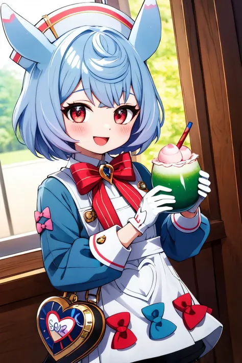 sigewinne, looking at viewer, 1girl, short hair, blush, white headwear, open mouth, dress, white gloves, smile, long sleeves, :d, nurse cap, white apron, red bowtie, green shirt, black shorts, holding cup, heart-shaped bag, white collar, collared shirt, red bow on apron, blue bow on apron <lora:sigewinne_genshin_impact_locon:0.7> <lora:fingers4civitai:1:1:lbw=OUTALL>