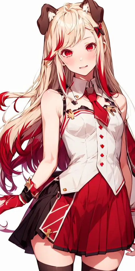 seshima rui,solo,1girl,<lora:seshima rui:0.8>,1girl, animal ears, solo, fangs, holding, long hair, red eyes, multicolored hair, bow, red hair, detached collar, animal ear fluff, skirt, hair bow, blonde hair, wrist cuffs, dress, breasts, red bow, :d, nail polish, white skirt, bangs, very long hair, necktie, idol, see-through, bare shoulders, outstretched arm, blush,<lora:flat2:-0.5>,<lora:boldline2:-0.5>,<lora:saturation:0.5>,<lora:noline:-0.5>,<lora:flatBG:0.5>,<lyco:kotobuki:-0.75>
