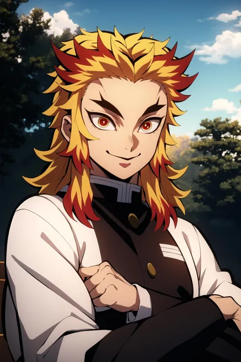 rengoku kyoujurou, demon slayer, 1boy, solo, upper body, sky, nature, tree, male focus, long hair, smile, blonde hair, red hair, red eyes, long sleeves, demon slayer uniform, outdoors, day, best quality, masterpiece, <lora:Rengoku:0.8>