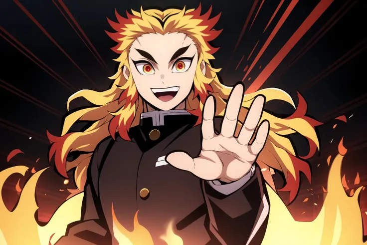 rengoku kyoujurou, demon slayer, 1boy, solo, upper body, (fire:1.3), red backgound, (emphasis lines:1.2), male focus, long hair, smile, blonde hair, red hair, red eyes, long sleeves, demon slayer uniform, best quality, masterpiece, <lora:Rengoku:0.8>