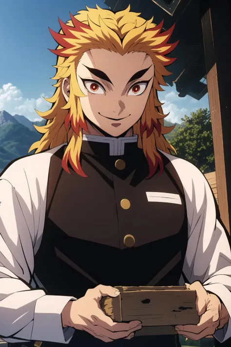 rengoku kyoujurou, demon slayer, 1boy, solo, upper body, sky, nature, tree, male focus,  long hair, smile, blonde hair, red hair,  red eyes, long sleeves, demon slayer uniform, outdoors, day, best quality, masterpiece, <lora:Rengoku:0.8>