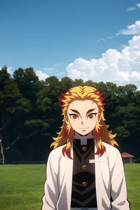 rengoku kyoujurou, demon slayer, 1boy, solo, upper body, sky, nature, tree, male focus,  long hair, smile, blonde hair, red hair,  red eyes, long sleeves, demon slayer uniform, outdoors, day, best quality, masterpiece, <lora:Rengoku:0.8>