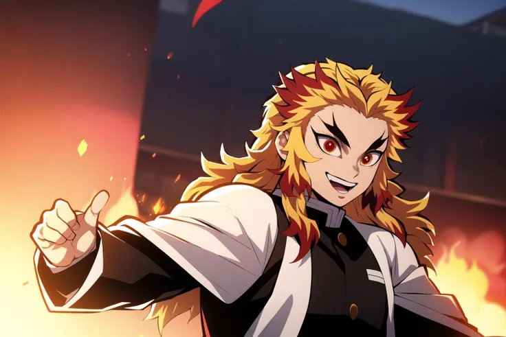 rengoku kyoujurou, demon slayer, 1boy, solo, upper body, (fire), red backgound, (emphasis lines), male focus, long hair, smile, blonde hair, red hair, red eyes, long sleeves, demon slayer uniform, outdoors, day, best quality, masterpiece, <lora:Rengoku:0.8>