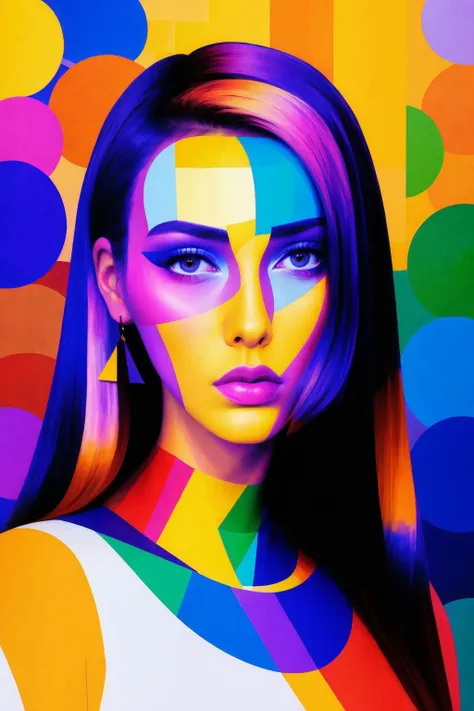 <lora:Alina_Rin_v2:0.85> Abstract artwork that uses colorful overlapping shapes to create a portrait of a beautiful female. The look should be inspired by the unique painting styles found in cubism with an emphasis on texture and intricate detail including hand - drawn typefaces& organic flourishes around the eyes, cheeks& nose