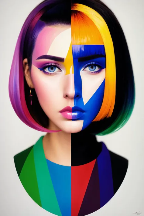 <lora:Alina_Rin_v2:0.85> Abstract artwork that uses colorful overlapping shapes to create a portrait of a beautiful female. The look should be inspired by the unique painting styles found in cubism with an emphasis on texture and intricate detail including hand - drawn typefaces& organic flourishes around the eyes, cheeks& nose