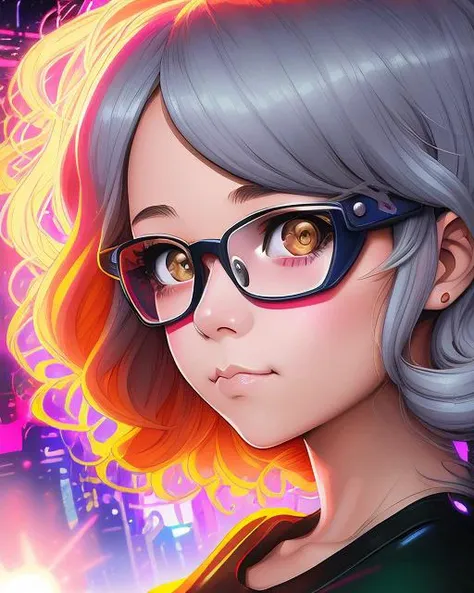 (cyberpunk:1),(best quality:1.0), (illustration:0.9), (painting:0.3), young 1girl, stunningly attractive, perfect feminine face, cute, silver medium wavy hair, (white t-shirts), nerdy, detailed background, black eyes, highres, (closed mouth:1.1), dynamic angle, (cinematic lighting:1.2), (by Range Murata:1.0), (by Taka Tony:1.0), by Jeremy Lipking, cowboy shot, glasses