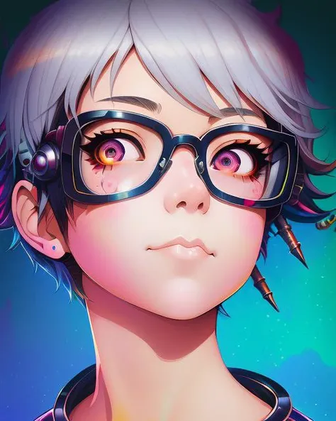 (cyberpunk:1),(best quality:1.0), (illustration:0.9), (painting:0.3), young 1girl, stunningly attractive, perfect feminine face, cute, silver short hair, (white t-shirts), library, detailed background, black eyes, highres, (closed mouth:1.1), dynamic angle, (cinematic lighting:1.2), (by Range Murata:1.0), (by Taka Tony:1.0), by Jeremy Lipking, cowboy shot, glasses