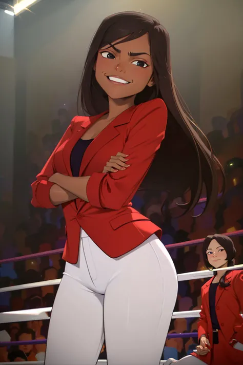 (masterpiece, best quality:1.2), <lyco:tmnt_jaclyn-07:0.8>, cowboy shot, solo, 1girl, tmntjaclyn, dark skin, dark-skinned female, smile, looking at viewer, crossed arms, red jacket, white pants, wrestling ring