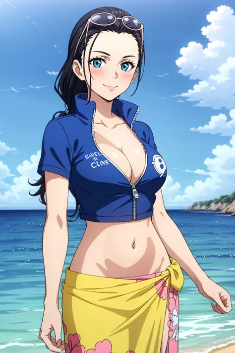 (Masterpiece), 1girl, high quality, best quality, extremely detailed eyes, extremely detailed body, blush, highly detailed, Nico robin, one piece, black hair, blue eyes, <lora:nico robin v1:0.7>, solo, long hair, breasts, looking at viewer, smile, large breasts, navel, cleavage, closed mouth, standing, collarbone, blue jacket, short sleeves, cowboy shot, outdoors, 1girl, sky, day, midriff, cloud, water, blue sky, crop top, groin, floating hair, ocean, beach, eyewear on head, zipper, high collar, pink sarong, zipper pull tab, hair slicked back, partially unzipped