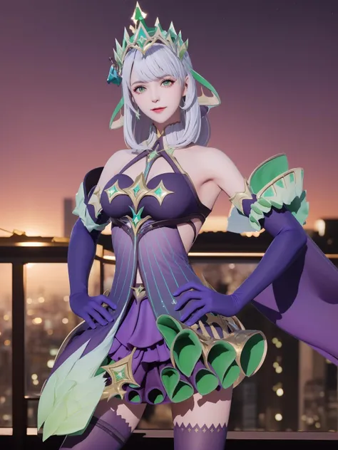 WZRYyujiQMXS, 1girl, solo, elbow gloves,purple thighhighs, dress, long hair, bare shoulders, looking at viewer, white hair, bangs, gem, green eyes, crown,collar, detached sleeves, cityscape, hand on hip, light smile, <lora:WZRYyujiQMXS:0.75>,sunset,shadow, pleated dress,