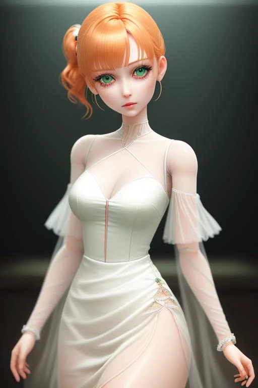 (cowboy shot,short hair,4349:1) 1girl, solo, chibi, ponytail, short_hair, green_eyes, looking_at_viewer, white_dress, full_body, hair_ornament, blush, orange_hair, bangs, single_side_ponytail, side_ponytail, doll_joints, Ball_jointed_doll, bjd, photorealistic, shawl, joint seams, joint_seams, glass eyes, shiny eyes, big head, long eyelashes