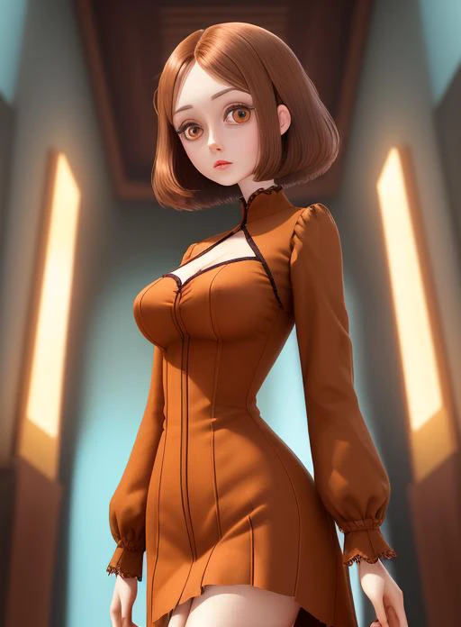 woman, large eyes, lithe, thin, tall, brown hair, brown eyes, doll joints, seams, short hair, vivid, interior background