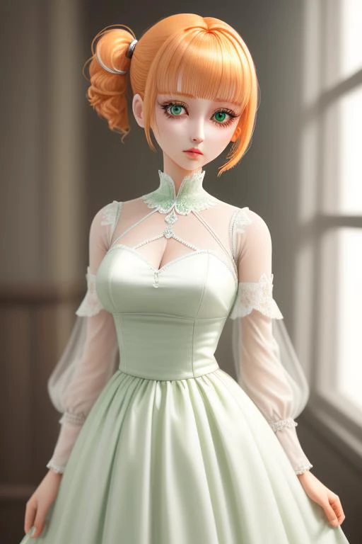 (cowboy shot,short hair,4349:1) 1girl, solo, chibi, ponytail, short_hair, green_eyes, looking_at_viewer, white_dress, full_body, hair_ornament, blush, orange_hair, bangs, single_side_ponytail, side_ponytail, doll_joints, Ball_jointed_doll, bjd, photorealistic, shawl, joint seams, joint_seams, glass eyes, shiny eyes, big head, long eyelashes