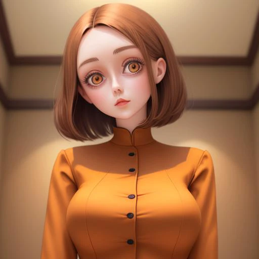 woman, large eyes, lithe, thin, tall, brown hair, brown eyes, doll joints, seams, short hair, vivid, interior background