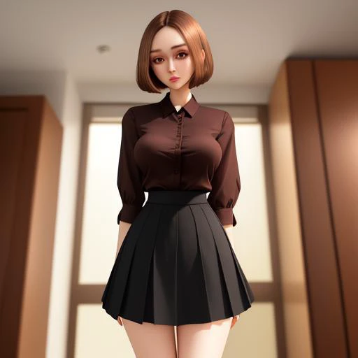 woman, large eyes, lithe, thin, tall, black skirt, brown hair, brown eyes, white shirt, doll joints, seams, short hair, soft, vivid, interior background