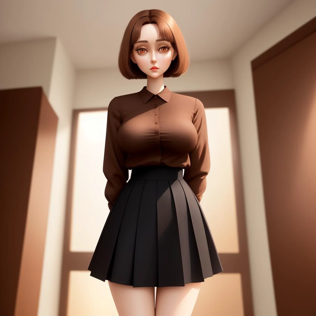 woman, large eyes, lithe, thin, tall, black skirt, brown hair, brown eyes, white shirt, doll joints, seams, short hair, soft, vivid, interior background