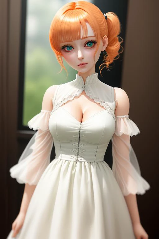 (cowboy shot,short hair,4349:1) 1girl, solo, chibi, ponytail, short_hair, green_eyes, looking_at_viewer, white_dress, full_body, hair_ornament, blush, orange_hair, bangs, single_side_ponytail, side_ponytail, doll_joints, Ball_jointed_doll, bjd, photorealistic, shawl, joint seams, joint_seams, glass eyes, shiny eyes, big head, long eyelashes