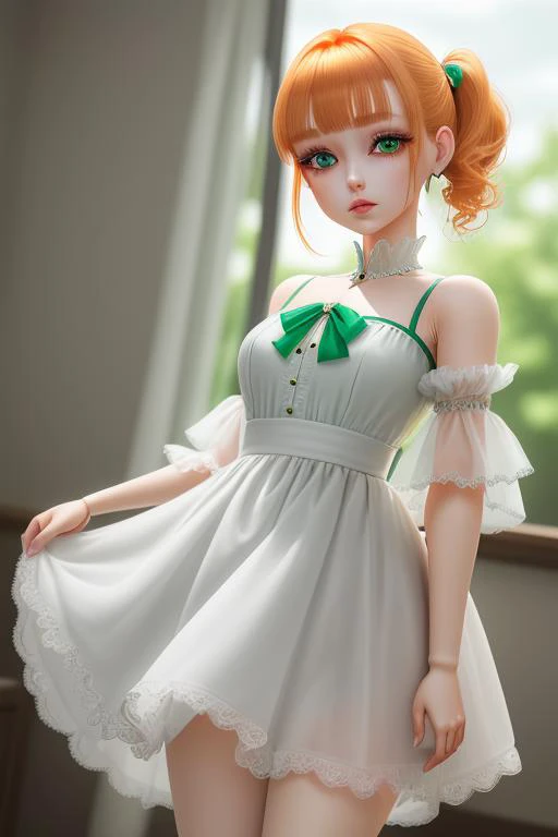 (cowboy shot,short hair,4349:1) 1girl, solo, chibi, ponytail, short_hair, green_eyes, looking_at_viewer, white_dress, full_body, hair_ornament, blush, orange_hair, bangs, single_side_ponytail, side_ponytail, doll_joints, Ball_jointed_doll, bjd, photorealistic, shawl, joint seams, joint_seams, glass eyes, shiny eyes, big head, long eyelashes