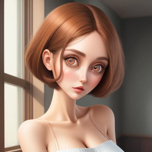 woman, large eyes, lithe, thin, tall, brown hair, brown eyes, doll joints, seams, short hair, vivid, interior background