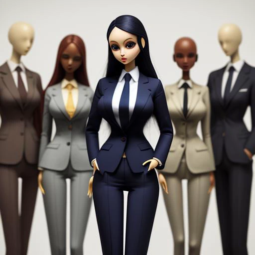 woman, doll, large eyes, lithe, thin, tall, pants, suit, tie, jacket, doll joints, doll,