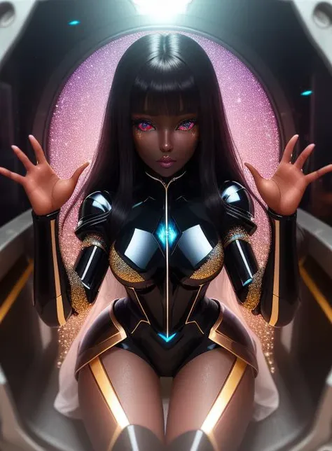 woman, glass eyes, glitter eyes, android, seams, skin seams, ball jointed doll, pretty, beautiful, machine, vivid, dark skin, black hair