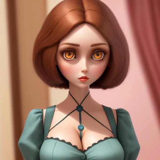 woman, large eyes, lithe, thin, tall, brown hair, brown eyes, doll joints, seams, short hair, vivid, interior background