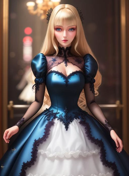 woman, glass eyes, glitter eyes, android, seams, skin seams, ball jointed doll, pretty, beautiful, machine, vivid, lace, detailed dress, gown