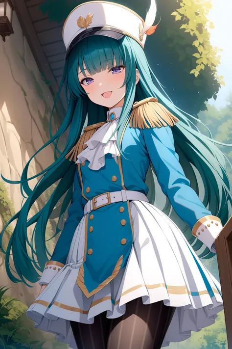 (masterpiece, best quality, very aesthetic, ultra detailed), intricate details, highly detailed background, perfect lightingbest quality, chiyouraayame, solo, outdoors, nature, hat feather, aqua hair, blunt bangs, very long hair, purple eyes, jewelry, small breasts, epaulettes, blue dress, ascot, white belt, white skirt, black pantyhose, vertical-striped pantyhose, military uniform, smile, open mouth, >:d, pink lips, <lora:Chiyoura-Ayame:0.7>