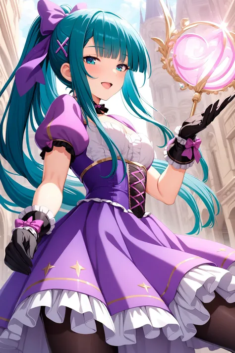 (masterpiece, best quality, very aesthetic, ultra detailed), intricate details, highly detailed background, perfect lightingbest quality, chiyouraayame, solo, outdoors, magical girl, aqua hair, ponytail, hair bow, purple bow, blunt bangs, hairclip, x hair ornament, very long hair, purple dress, frilled dress, multicolored dress, corset, puffy short sleeves, black gloves, frilled gloves, purple skirt, frilled skirt, black pantyhose, smile, open mouth, :d, pink lips, <lora:Chiyoura-Ayame:0.7>