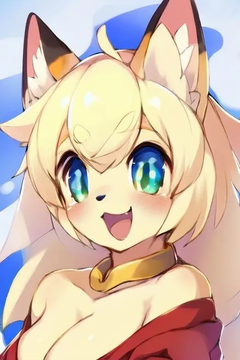 masterpiece, best quality, (by utsuki maito, by evomanaphy: 0.8) female solo anthro, fox girl, <lora:wfinaho-12:1> wfinaho, open mouth, smile, choker, red shirt, off shoulder, bust portrait