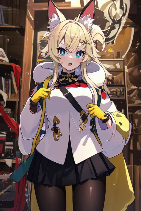 masterpiece, best quality, 1girl, <lora:wfinaho-12:0.8> wfinaho, :o, white sweater, fur trim, yellow gloves, black skirt, black pantyhose, cowboy shot