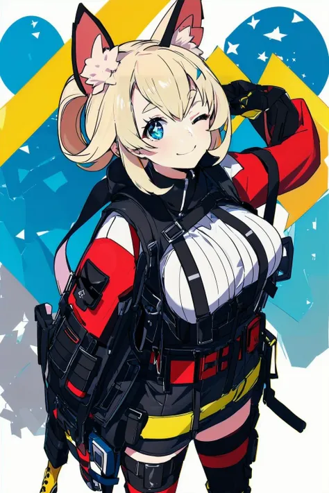 masterpiece, best quality, 1girl, <lora:wfinaho-12:0.8> wfinaho, smile, one eye closed, blue eyes, large breasts, <lora:urbansamuraiv3testing:0.5> techwear jacket, black gloves, tactical vest, with buckle and tape, cowboy shot, from above
