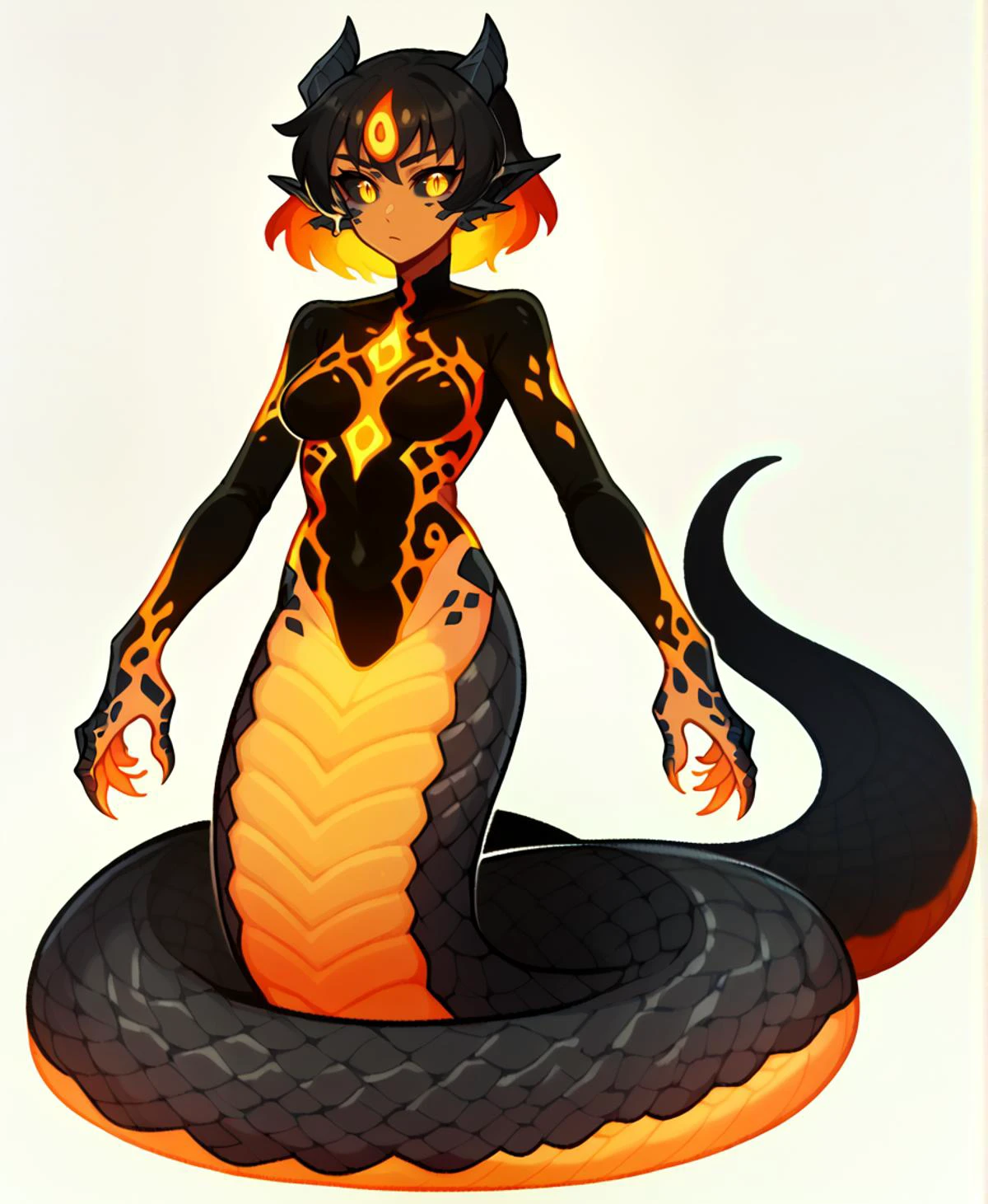 score_9_up, score_8_up, score_7_up, cowboy shot, 1girl, <lora:Lamia_PONY:.55>, (lamia), monster girl, medium hair, firey hair, fire on head, glowing hair, yellow eyes, slit pupils, black sclera, colored skin, orange skin, small horns, demonic, black scales, black lava scales, medium breasts, lava bra, liquid clothes, lava veins, in hell, lava, lava pond, fire, unitard, long sleeves
, <lora:MGE:.9>, simple background, white background