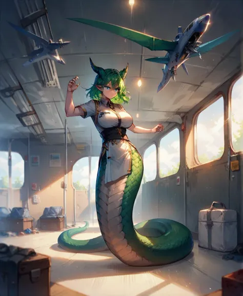 score_9_up, score_8_up, score_7_up, dynamic pose, full body, 1girl, -wyrm girl, monster girl, green hair, blue eyes, slit pupils, dragon scales, rough scales, dragon horns, <lora:Lamia_PONY:.35>, lamia, large breasts
, indoors, on an airplane, afternoon, <lora:HerSummon:.8>