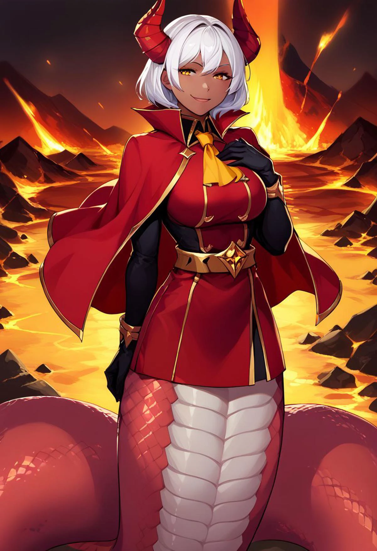 score_9, score_8_up, score_7_up, source_anime, cowboy shot, third-quarter view, solo, 1girl, lamia,
, dark skin, smug, looking at viewer, hand on own chest, white hair, demon horns, gold trim, red cape, red robe, yellow ascot, long sleeves, black gloves, red leggings, gold belt, molten rock, volcano,
