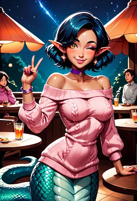 Prompt
TXT2IMG
score_9, score_8_up, score_7_up, score_6_up, score_5_up, score_4_up, source_anime
lamia, anime style, expressive eyes, long eyelashes, glossy lips, natural blush, dark blue hair, short hair, wavy hair, pointy ears, smooth skin, bronze tan skin, vibrant orange eyes, slit pupils, wide hips, narrow waist, feminine, hourglass figure, human-like torso, serpentine lower body, shiny scales, teal scales, a long tail, shiny scales, medium breasts, purple choker, bracelets, wearing sweater, pink sweater, rolled-up sleeves, around hips, earrings, fashionable, friendly smile, fashion pose, faetastic, starry sky, at a restaurant table, bare shoulder, winking