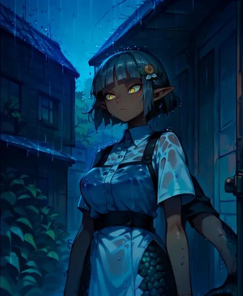 score_9_up, score_8_up, score_7_up, dynamic pose, upper body, 1girl, <lora:Lamia_PONY:.35>, lamia, monster girl, short hair, (grey hair), blunt bangs, hair ornament, yellow eyes, slit pupils, pointy ears, dark skin, (grey scales), extra arms, large breasts, dress
, outside, in a train station, <lora:lowlight:.7>, night, <lora:Rain (pony) v1:1>, rain, heavy rain, cloudy, dark, wet skin, wet clothes, <lora:cr33pp41ntXLP:.8>, cr33pp41nt
