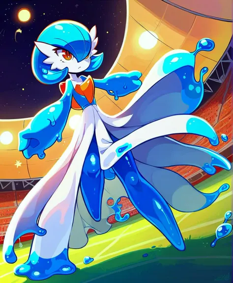 score_9_up, score_8_up, score_7_up, dynamic pose, full body, multiple views, 1girl, Gardevoir, alternate color, shiny pokemon, blue hair, orange eyes, multicolored skin, white skin, blue skin, alternate outfits, slime girl, slime \(substance\), (colored skin), colored sclera, (see-through body)
, outside, at a stadium, night, night sky, stars, multiple moons, shooting star, telescope