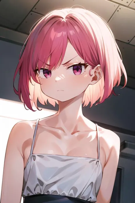 best quality, masterpiece, solo, 1girl, <lora:ryusei_hashida-10:1>,flat chest,short hair, pink hair, upper body,angry,