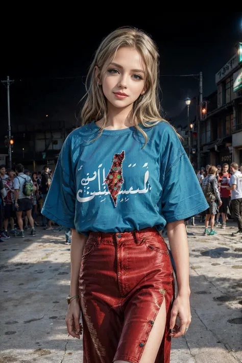<lora:PalestineFlag01:1>  palestine_map,candid photo of stunning Polish woman, 4nn4 with blonde hair and highlights, looking at viewer, at a '90s-themed roller skating rink, wearing a tie-dye t-shirt, and high-waisted skirt, with a joyful expressions as she glides effortlessly under the disco ball, grooving to the beat of '90s pop hits, (dramatic edge lighting),
realistic, photorealistic, high quality, detailed background, intricate, highly detailed, sharp focus, high resolution, 8k, uhd, dslr, realistic eyes, perfect eyes, detailed skin texture, (blush:0.5), (goosebumps:0.5), subsurface scattering,
<lora:add_detail:0.5>