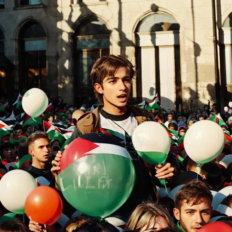 a large group of people holding Palestine lag and balloons,free palestine,<lora:PalestineFlag01:1>,