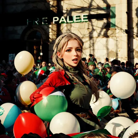 a large group of people holding Palestine lag and balloons,free palestine,<lora:PalestineFlag01:1>,